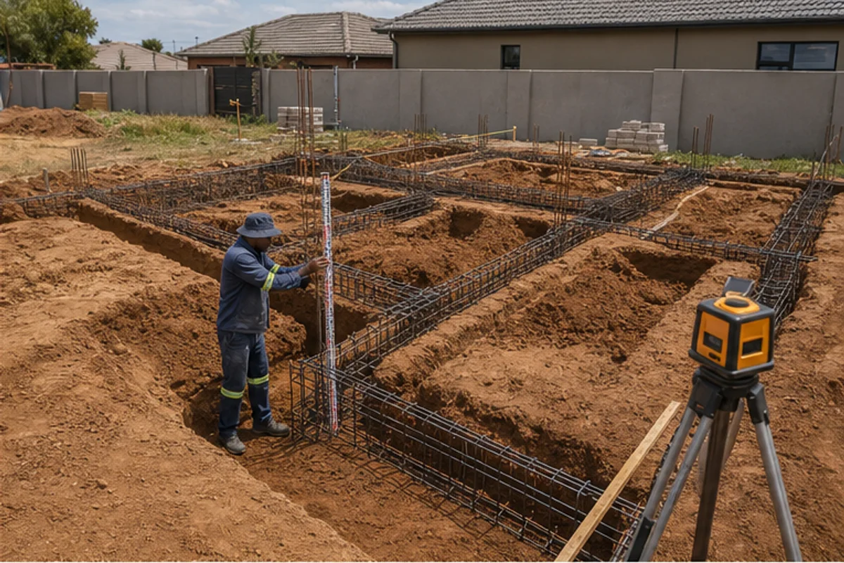 Worker checking reinforced foundation trenches before concrete is poured