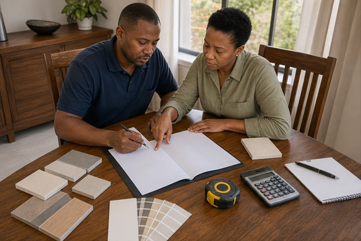 Builder and homeowner reviewing blank enrolment paperwork with house plans