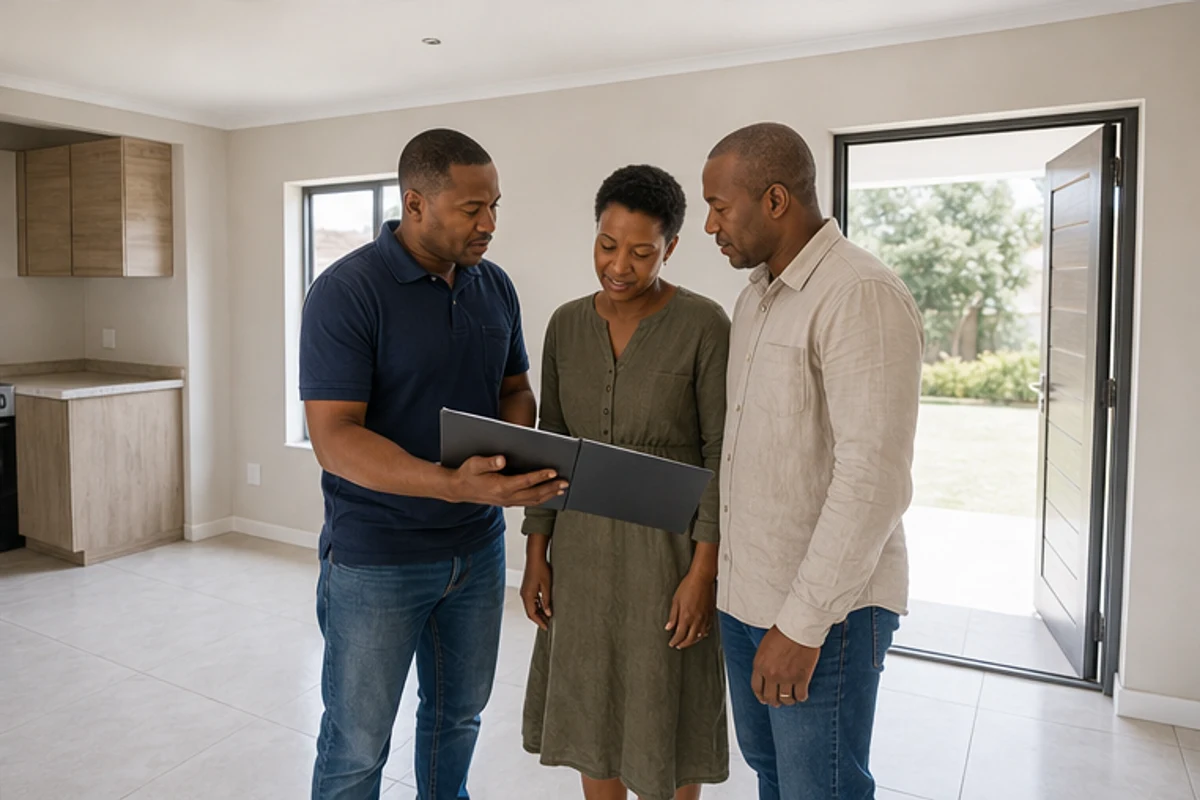 Homeowner receiving a handover folder outside a newly built house