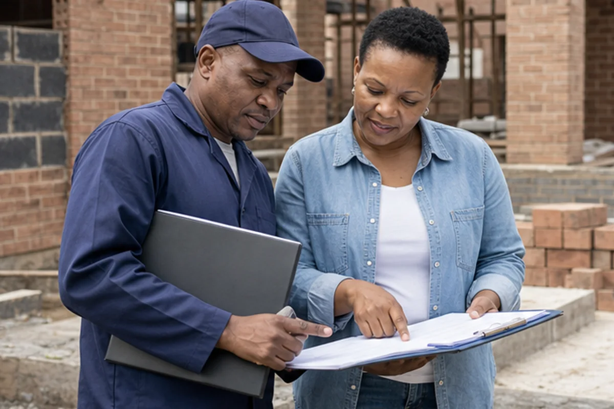 Homeowner and builder reviewing blank building paperwork beside brickwork