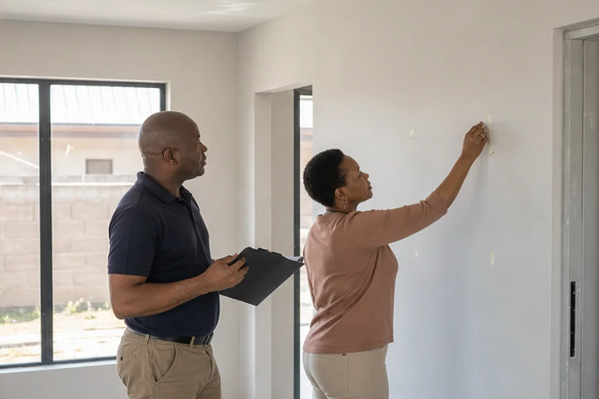Builder and homeowner reviewing a blank handover checklist in a finished room