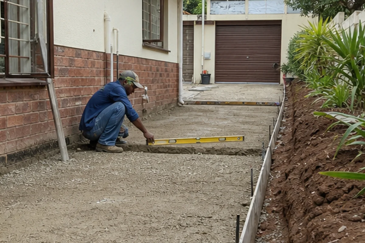 Builder checking paving levels and drainage fall beside an older family home