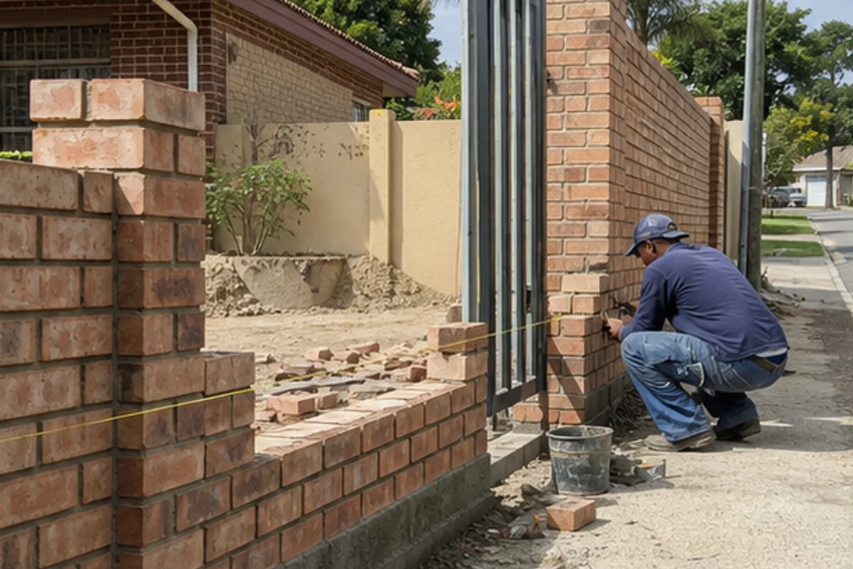 Boundary wall and gate opening repaired beside a suburban driveway