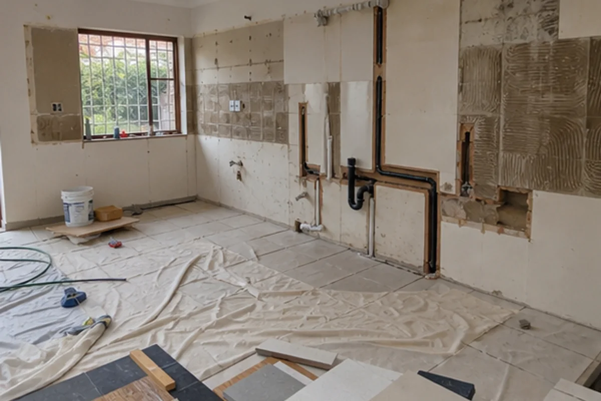 Kitchen renovation with cabinets removed and wall services prepared