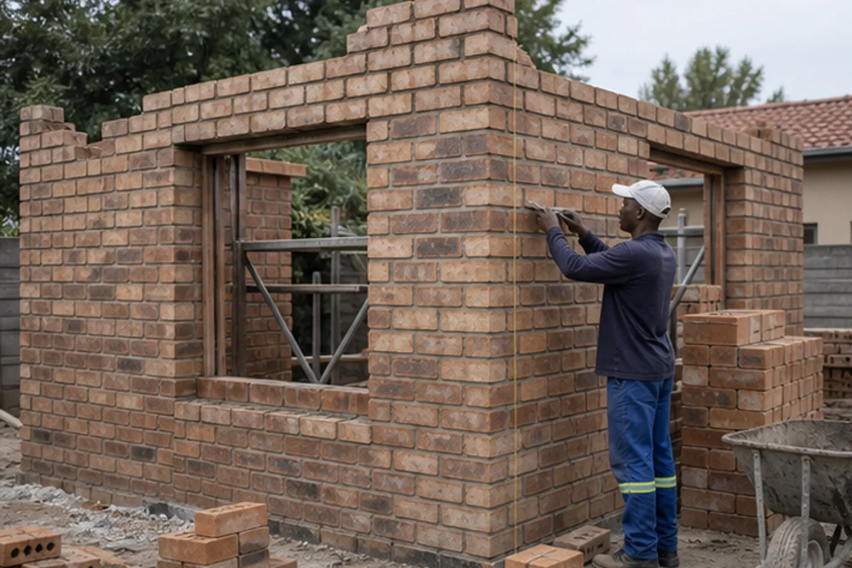 Brick granny flat wall built with fresh mortar and a window opening