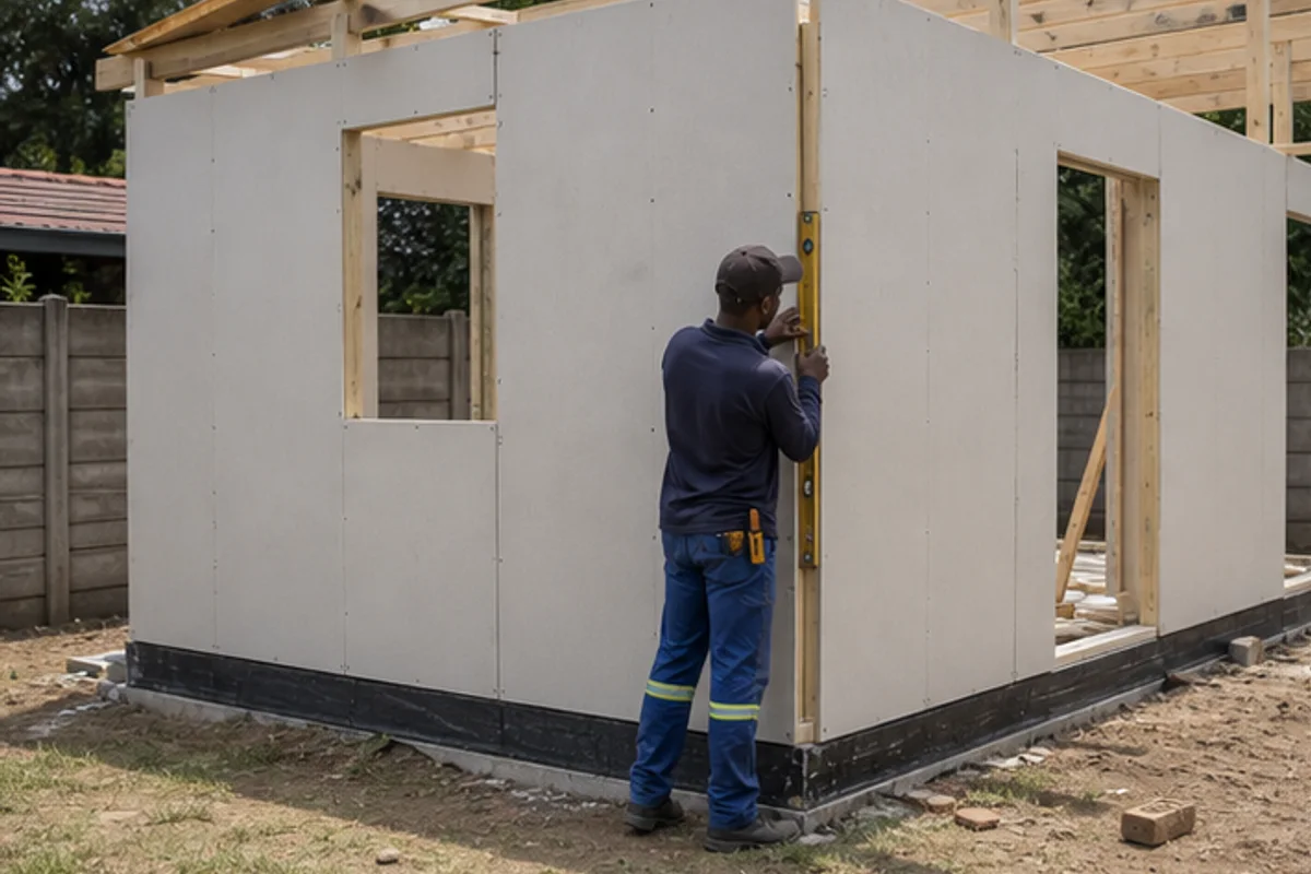 Fibre cement board wall framing checked on a backyard room