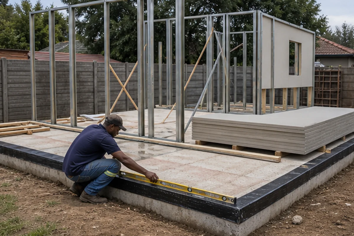 Lightweight wall frame materials measured beside a prepared foundation