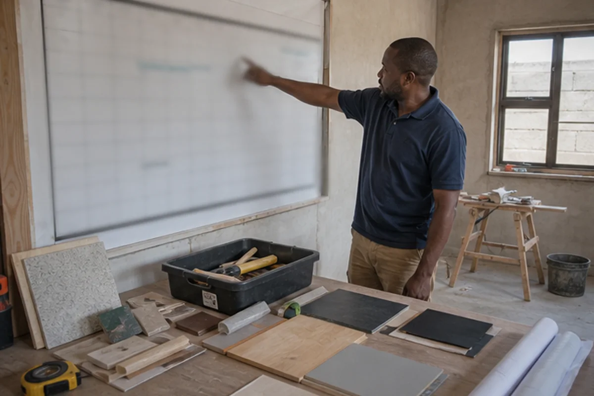 Contractor reviewing a blurred schedule board with materials and tools nearby