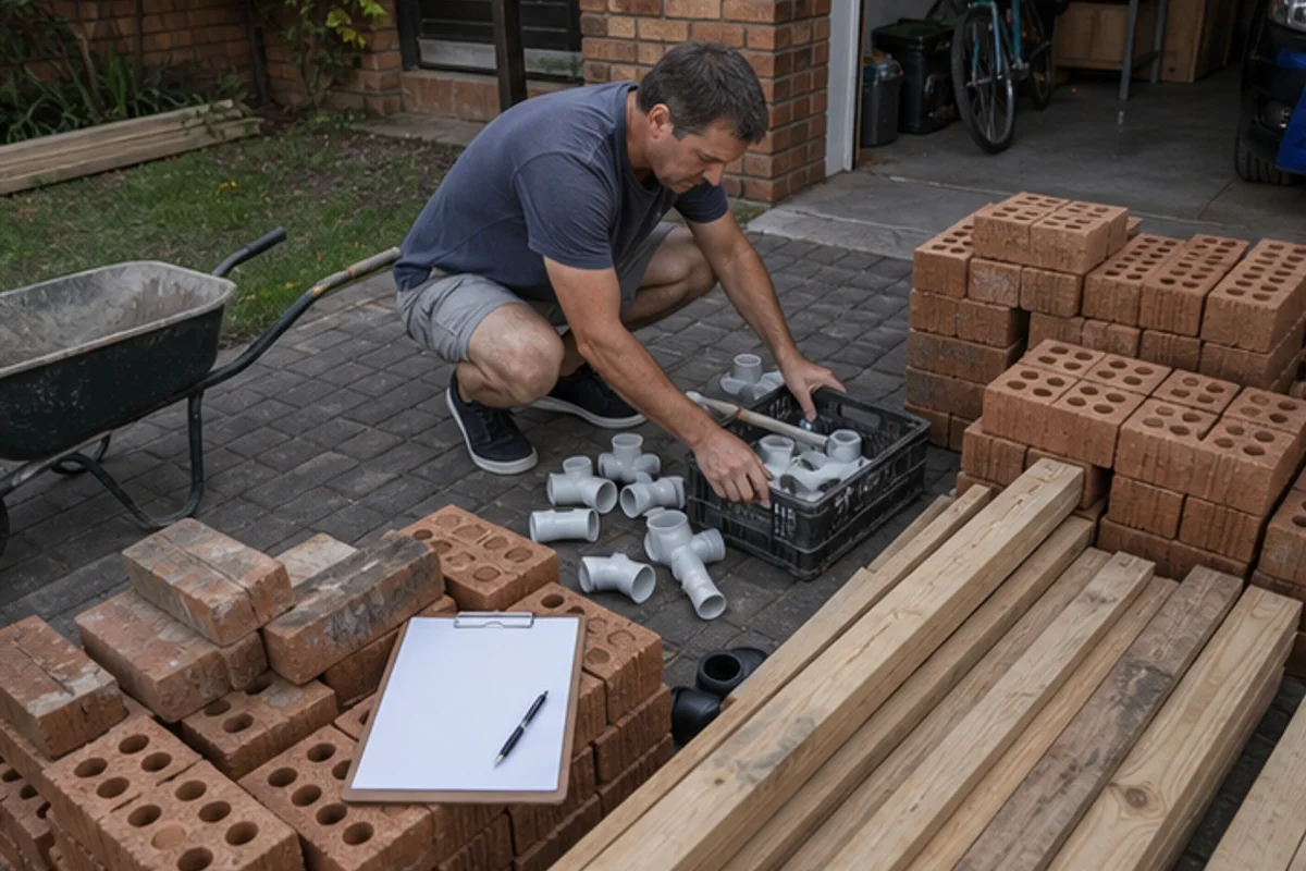 Homeowner sorting delivered bricks timber and fittings on a driveway