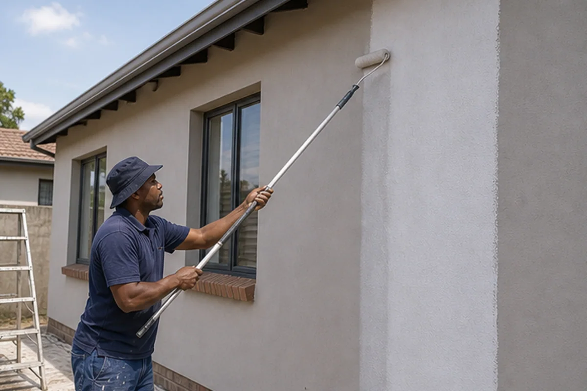 Painter applying exterior topcoat to a suburban house wall with a roller
