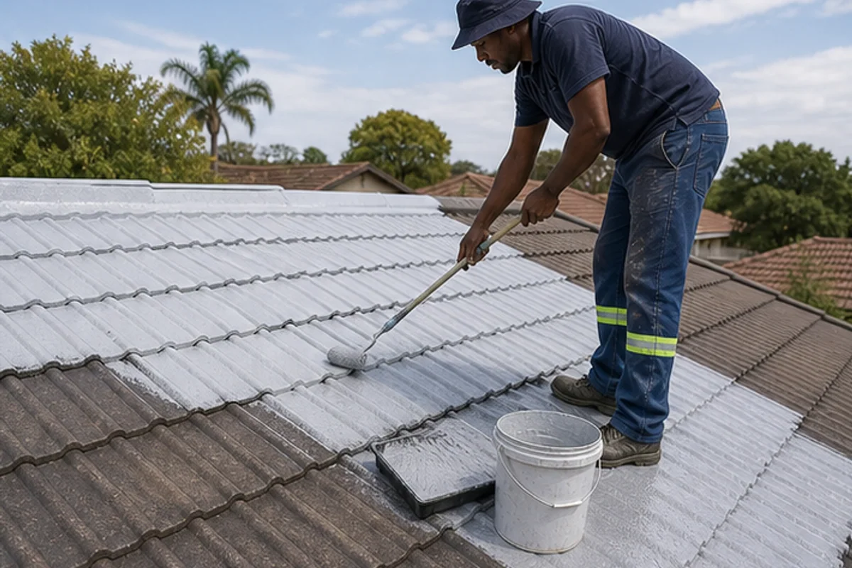 Roof surface being cleaned and coated with protective paint after repair