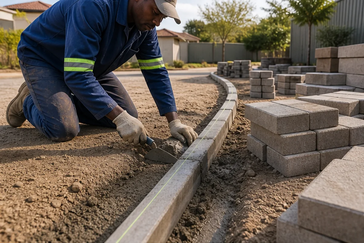 Edge restraints set out for driveway paving installation