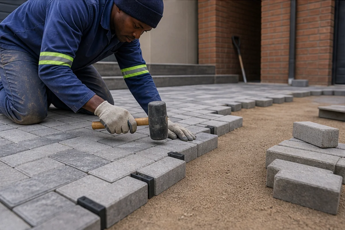 Pavers stacked beside a compacted base ready for laying