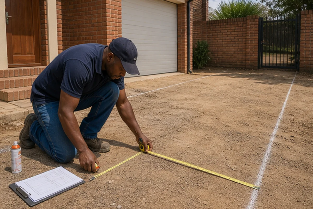 Contractor measuring a driveway area before preparing a paving quote