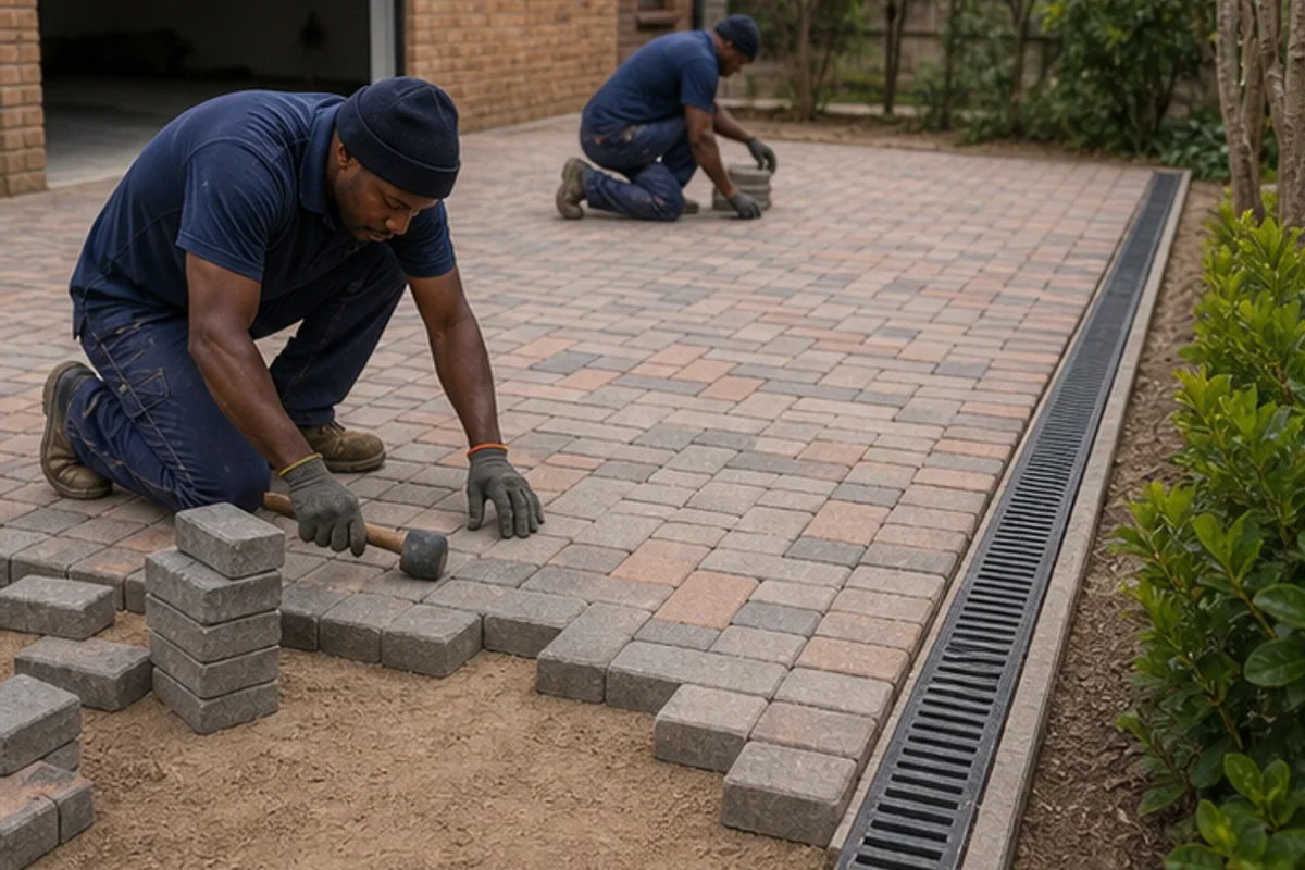 Installers laying interlocking pavers toward a drainage channel
