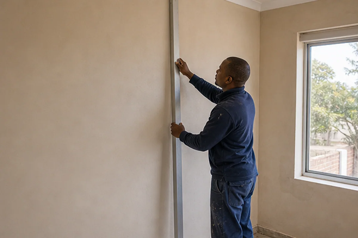 Contractor checking finished plaster flatness with a long straightedge