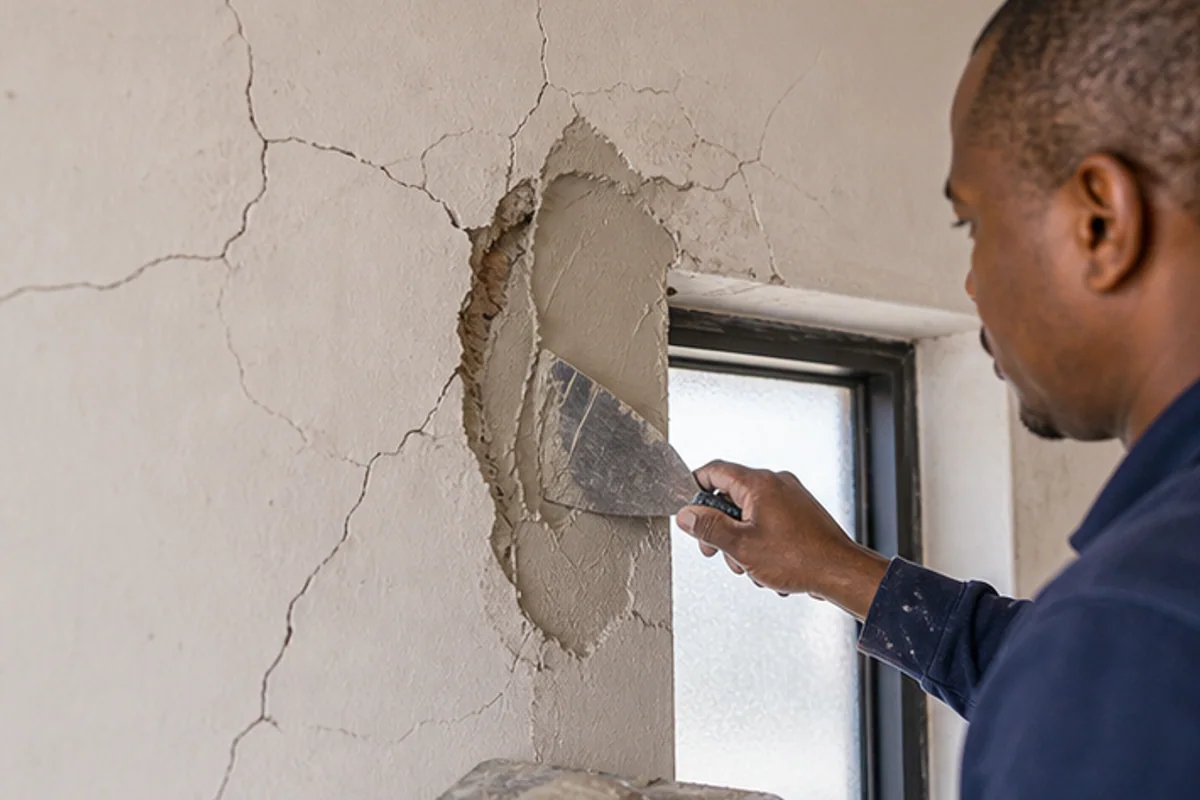 Cracked interior plaster being cut back and repaired around a window reveal