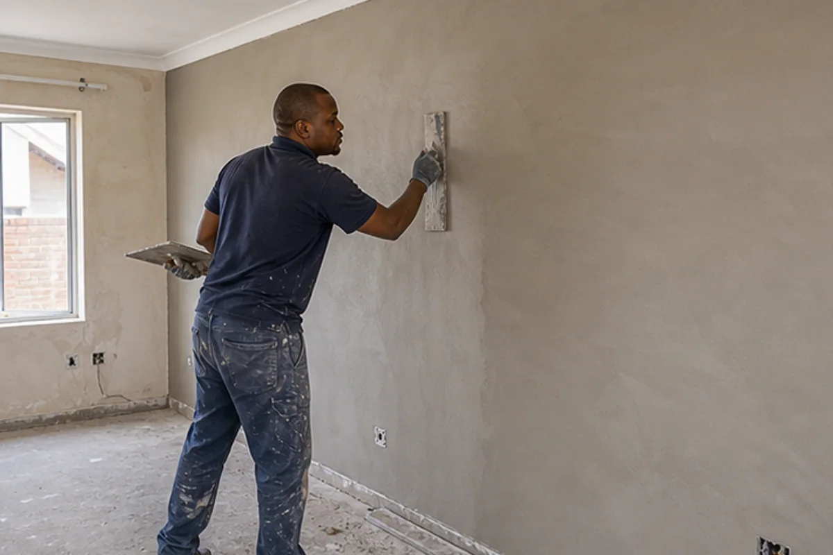 Skim coat being smoothed across a renovated living room wall