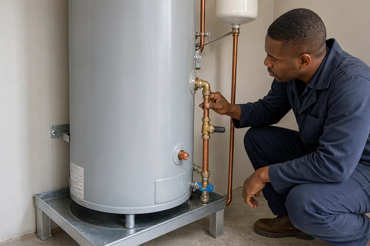 Plumber inspecting geyser pipework and safety valve connections