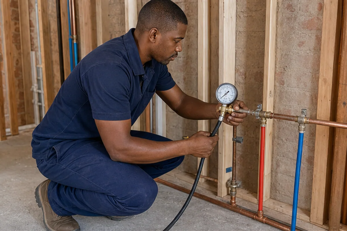 Plumber pressure testing new pipework before closing a renovation wall