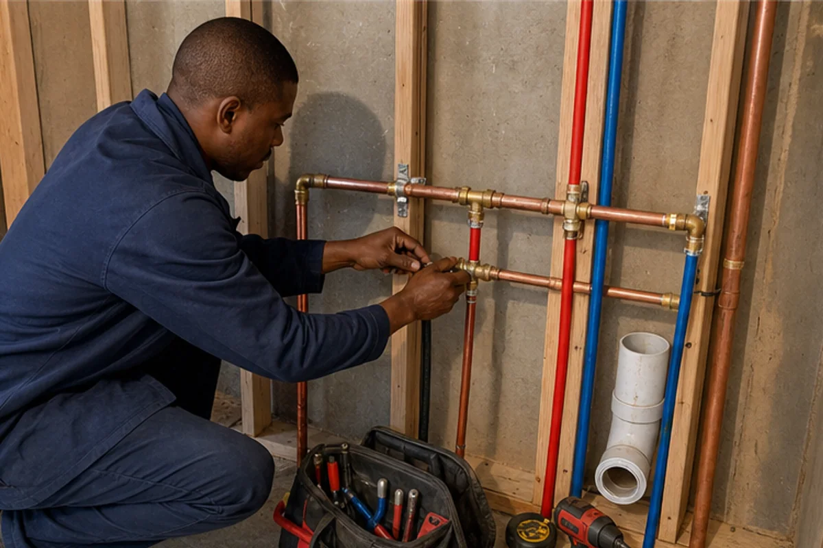 Plumber roughing in water pipes inside an unfinished bathroom wall