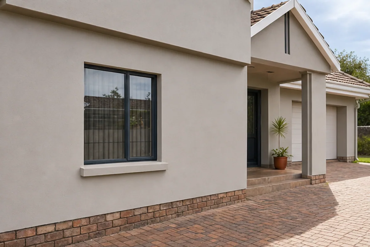 Freshly repaired exterior wall with neat paint touch up beside a driveway