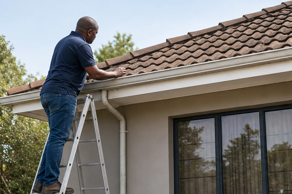 Roofer checking cracked tiles and gutter edges from a safe ladder