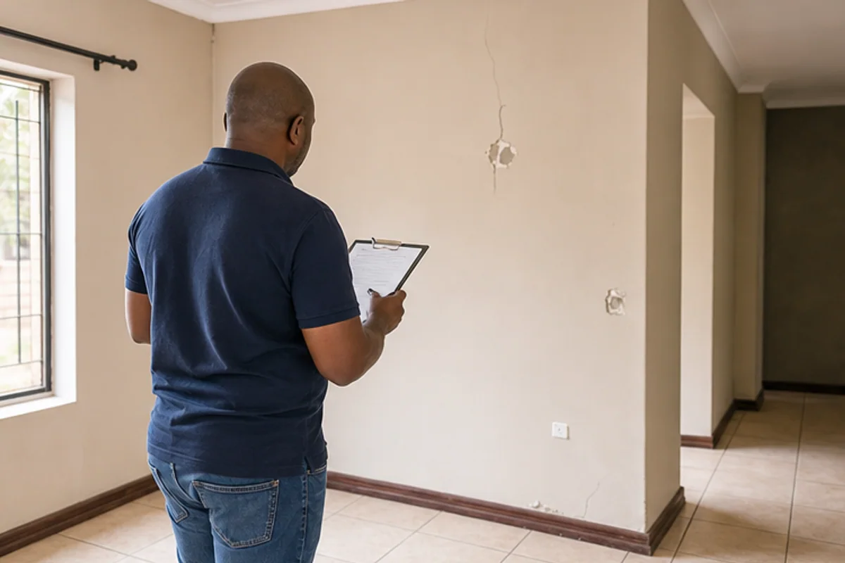 Contractor checking small wall cracks during a pre sale snag inspection