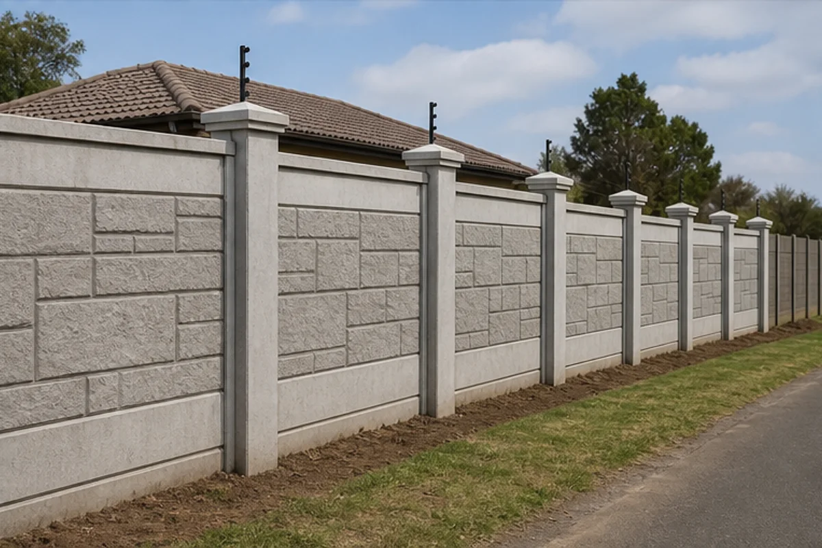 Completed precast boundary wall along a suburban property