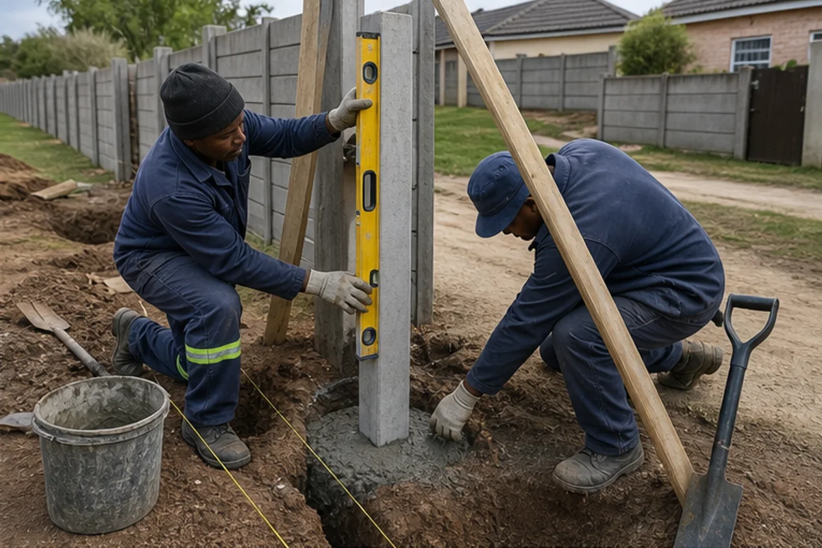 Worker setting a precast wall post plumb in a footing
