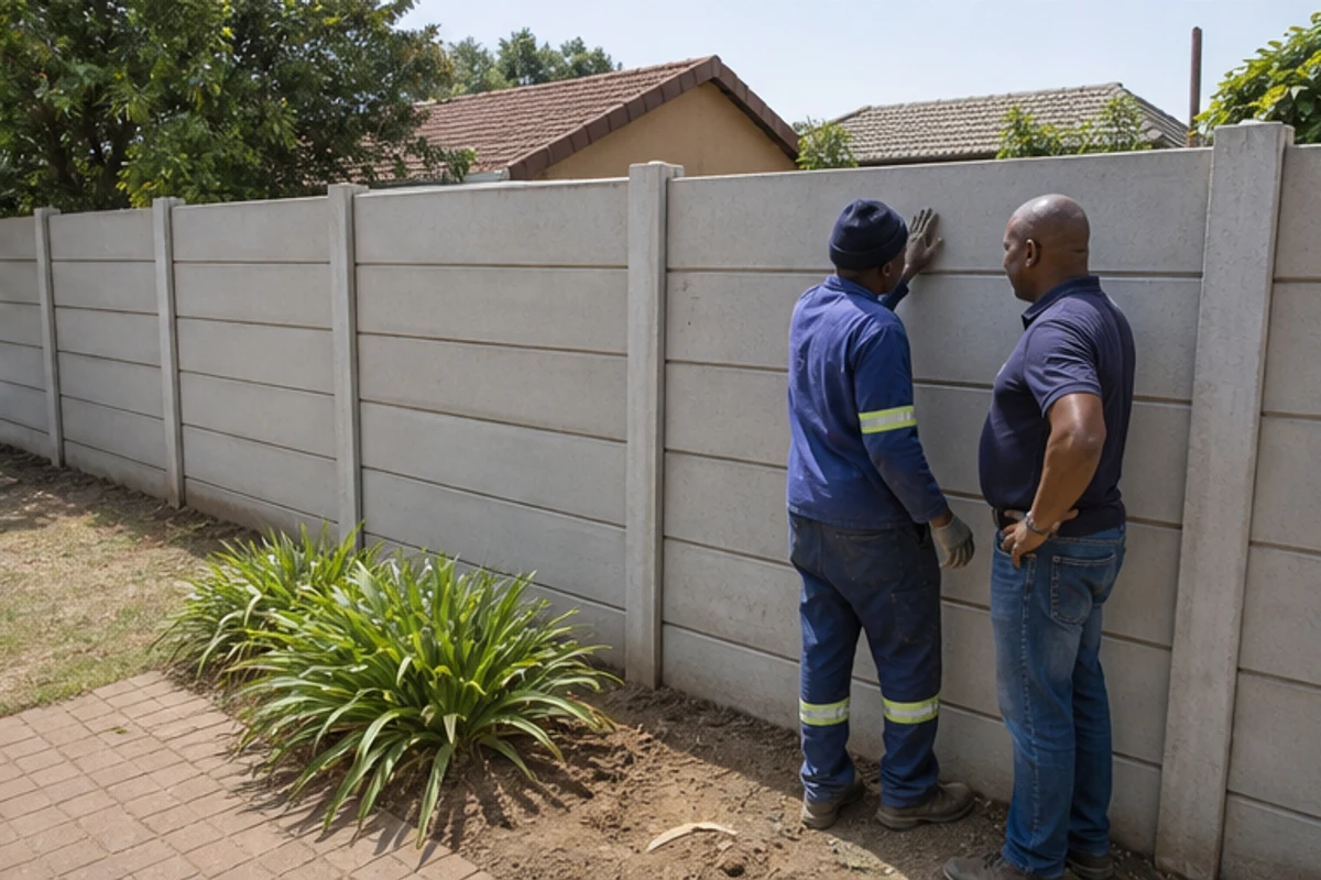 Two contractors reviewing a completed precast boundary wall in a garden