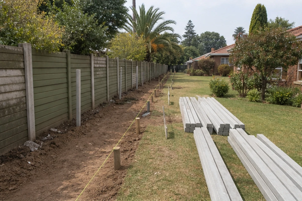 Precast wall posts and panels staged along a narrow side boundary