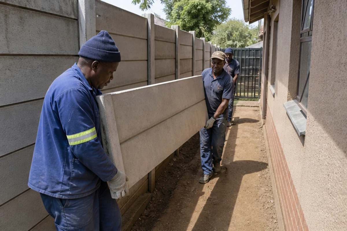 Workers carrying a precast concrete panel through a tight side passage