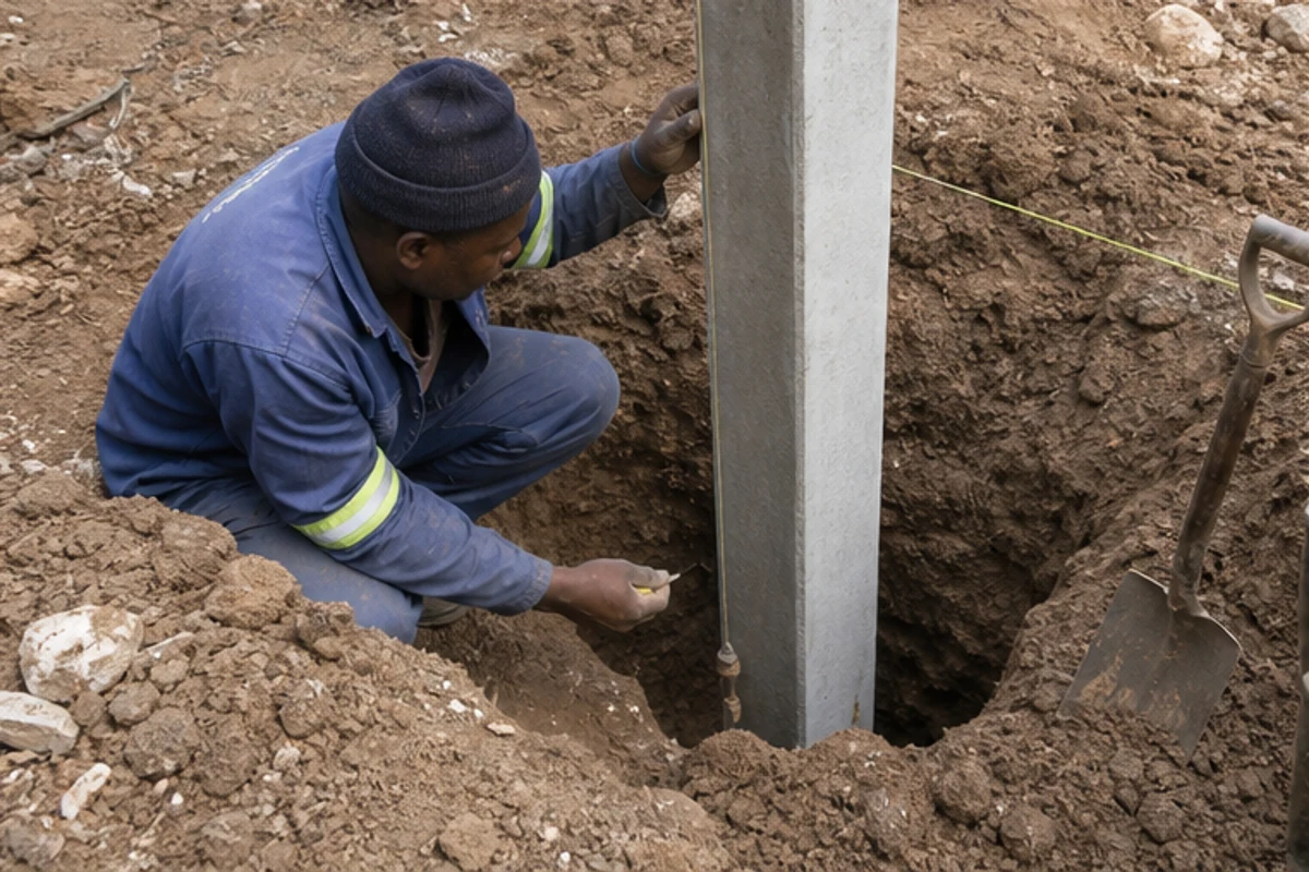 Worker checking the depth of a precast wall post hole beside a string line