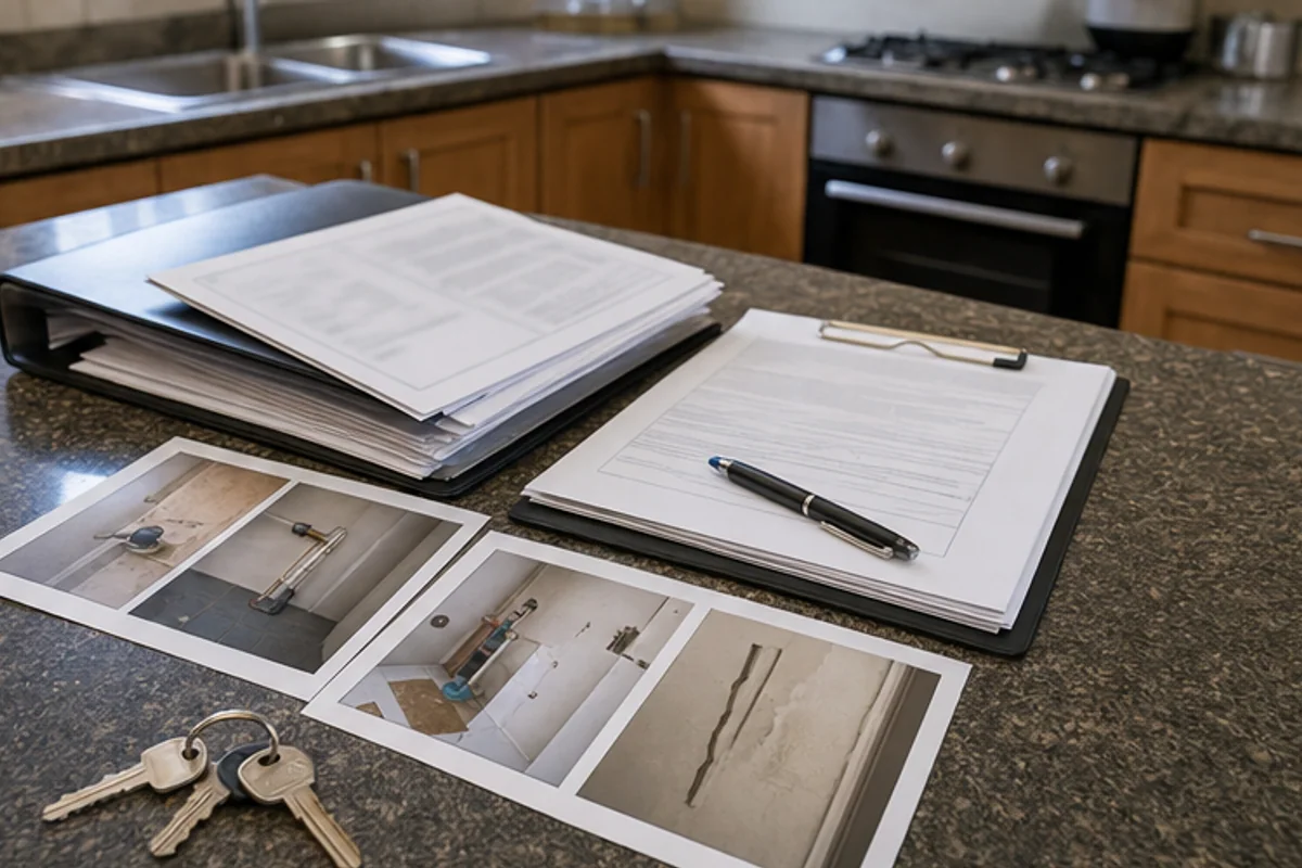 Compliance file, keys and repair photos arranged on a kitchen counter