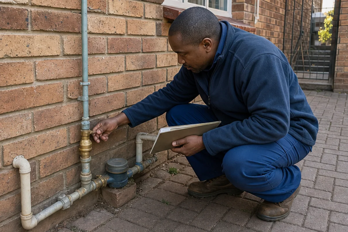 Plumber inspecting exterior pipework beside a face brick home