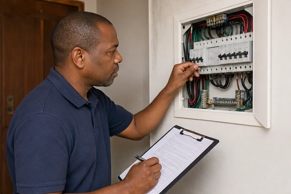 Inspector checking an electrical distribution board for pre sale compliance