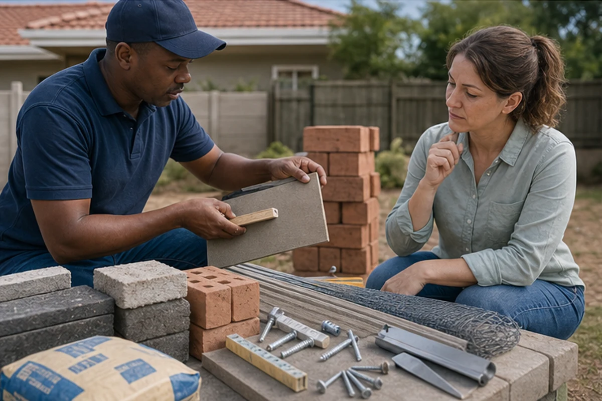 Builder explaining bricks, fasteners and cement bags beside a site table
