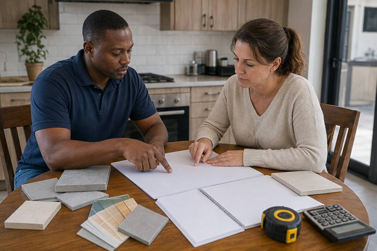 Homeowner and builder reviewing blank scope documents with tile samples