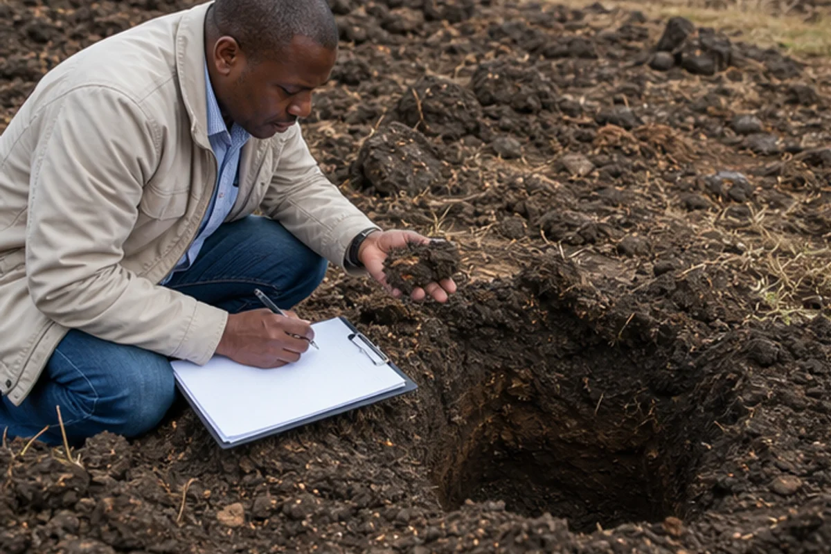 Engineer style inspection of clay soil beside a small test pit