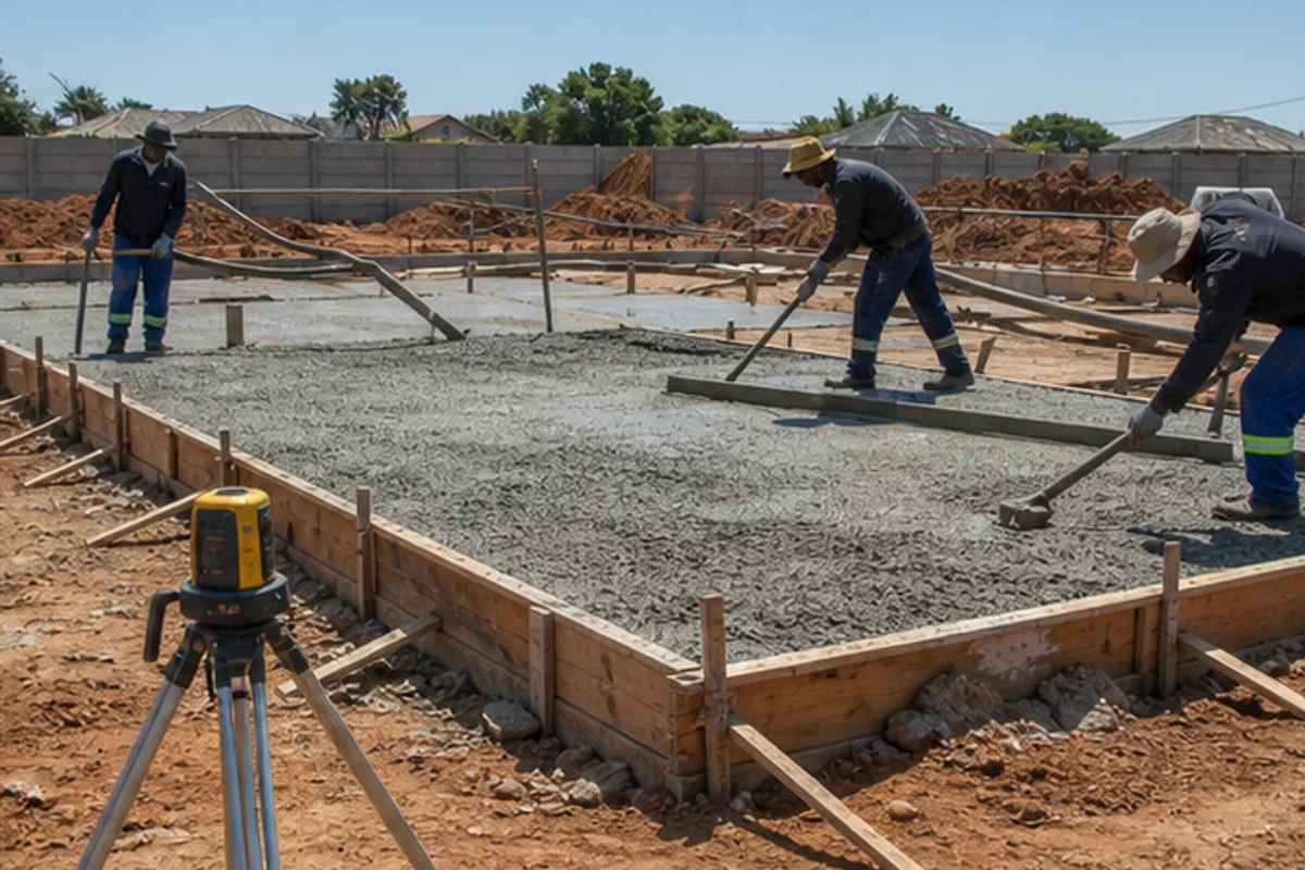 Workers placing concrete while levels are checked on a residential foundation