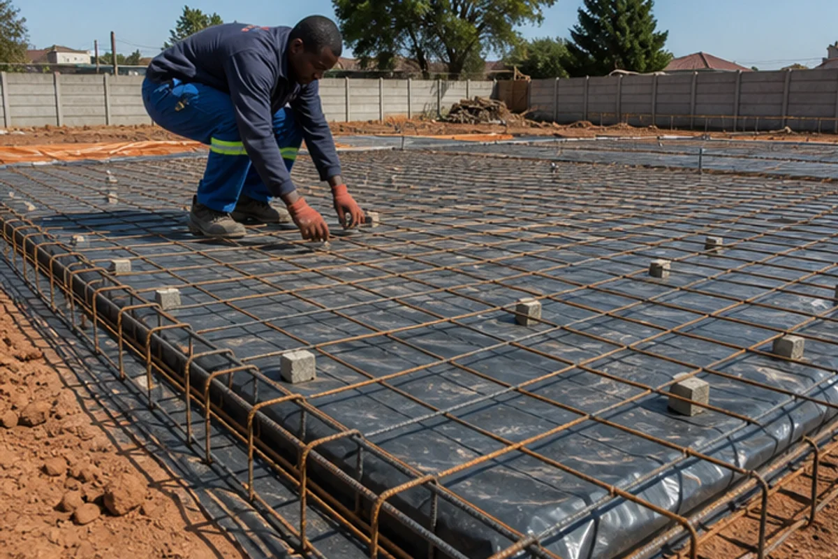 Raft slab reinforcement mesh and edge beams prepared over a compacted base