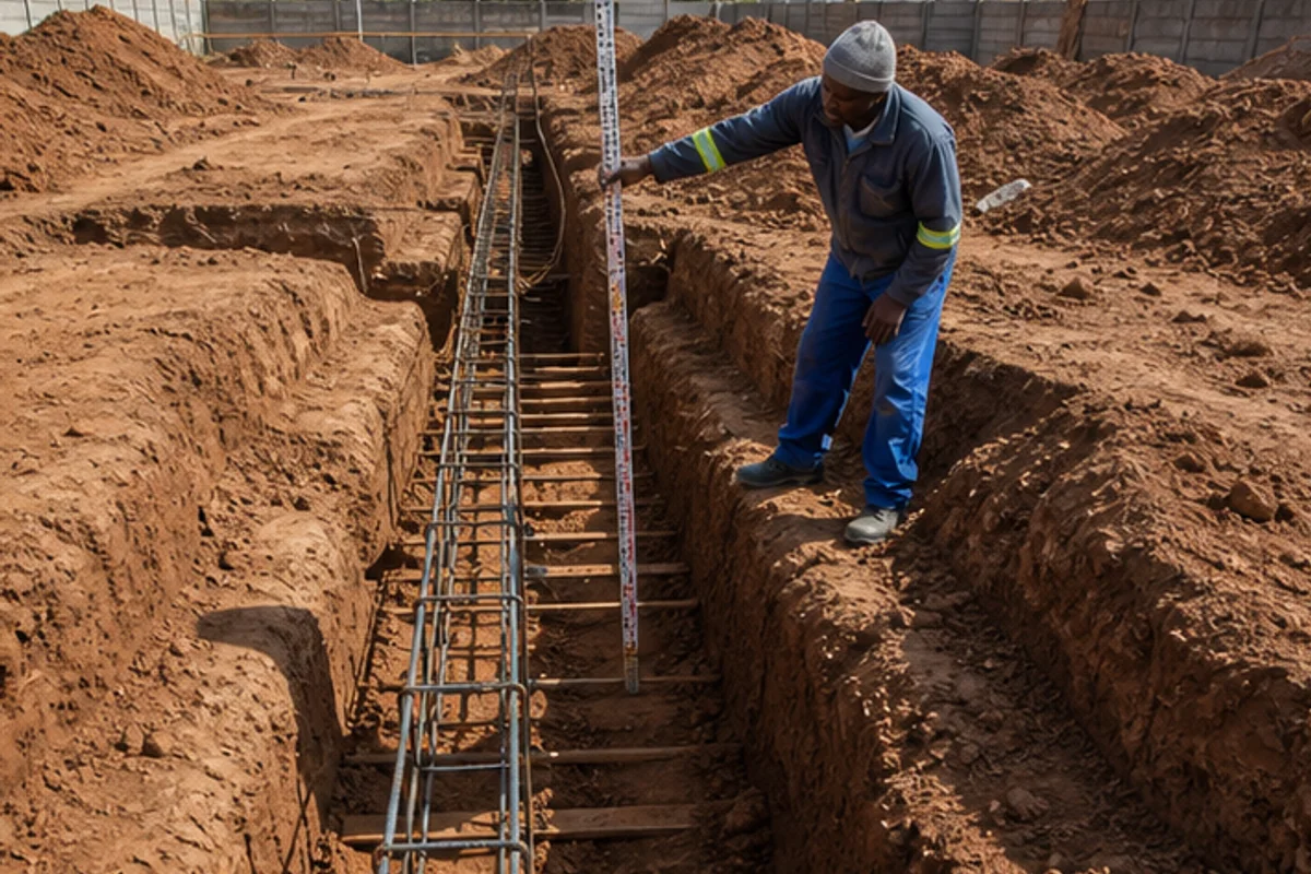 Strip footing trench with reinforcement set in clay soil