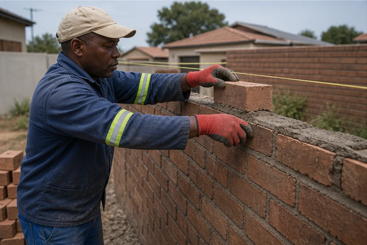Bricklayer adding new courses to a boundary wall