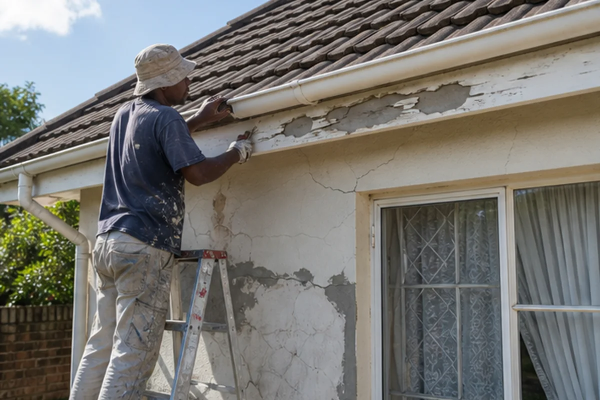 Exterior fascia and wall crack repair prepared before repainting