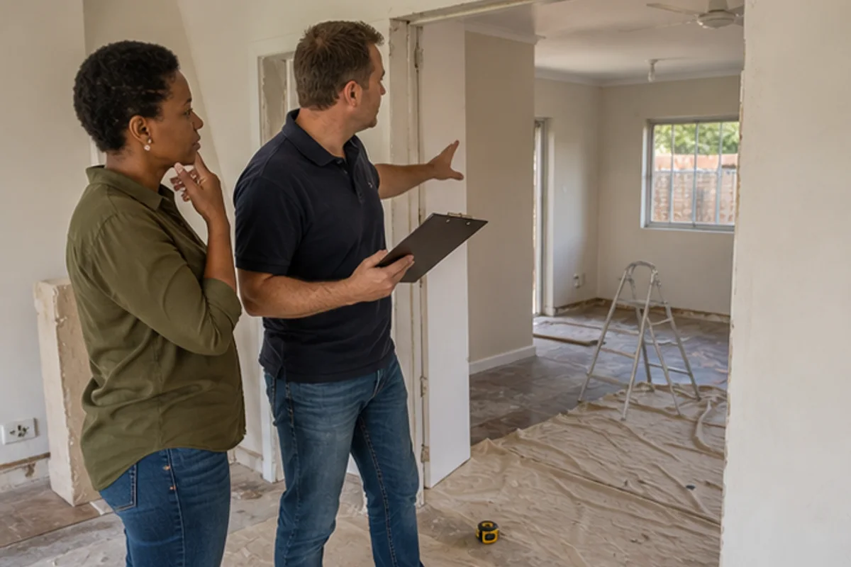 Contractor and homeowner walking through a room to discuss layout changes