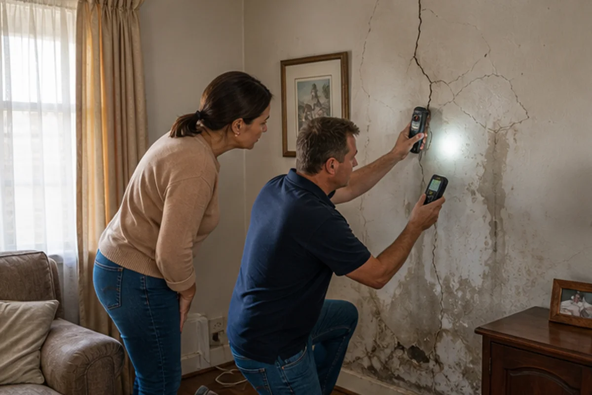 Builder inspecting cracks and damp in an older Benoni lounge
