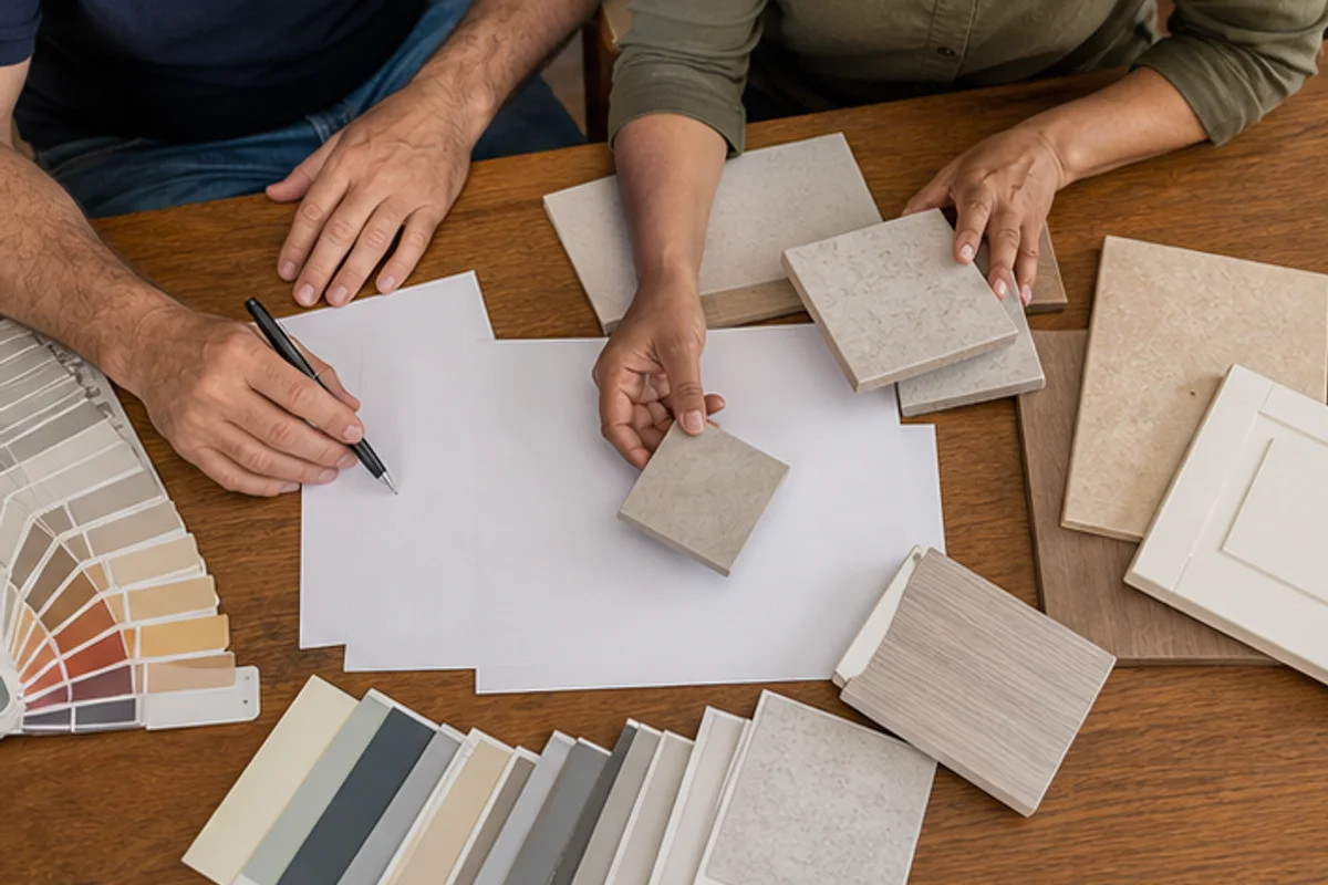 Renovation finish samples and blank cost sheets compared on a table