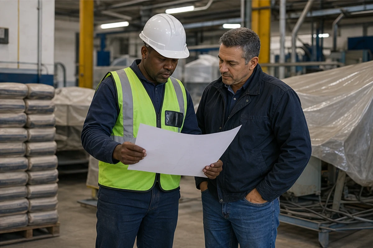 Project supervisor and factory manager reviewing a blank phasing plan