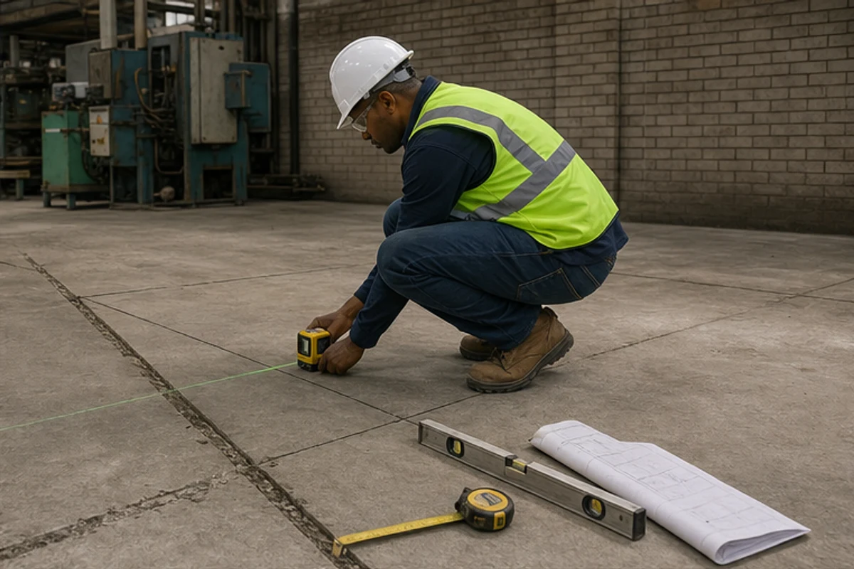 Electrician and builder checking temporary services in a factory work area